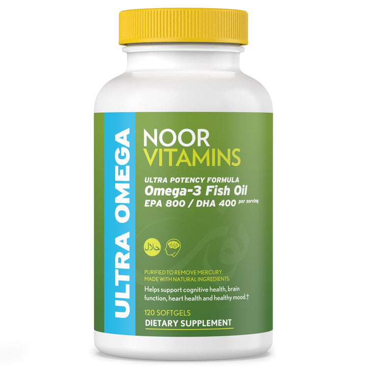 Noor Vitamins Halal Fish Oil, Halal Vitamins, Ultra Omega 3 Wild Peruvian Fish (800 mg EPA & 400 mg DHA) Heart, Brain & Joint Support, Non-GMO and Gluten Free (120 Count)