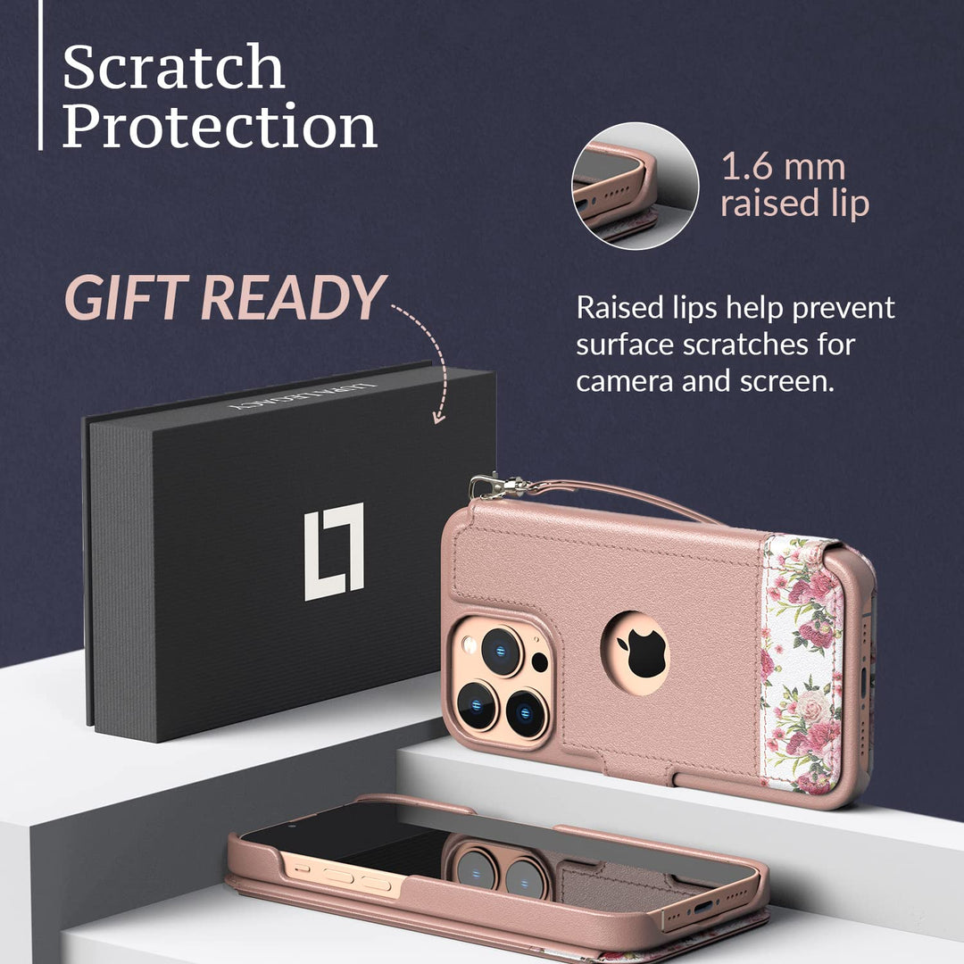 iPhone 13 Pro Max Wallet Case - Slim, Durable Floral Charm Flip Cover with Card Holder &amp; Wristlet
