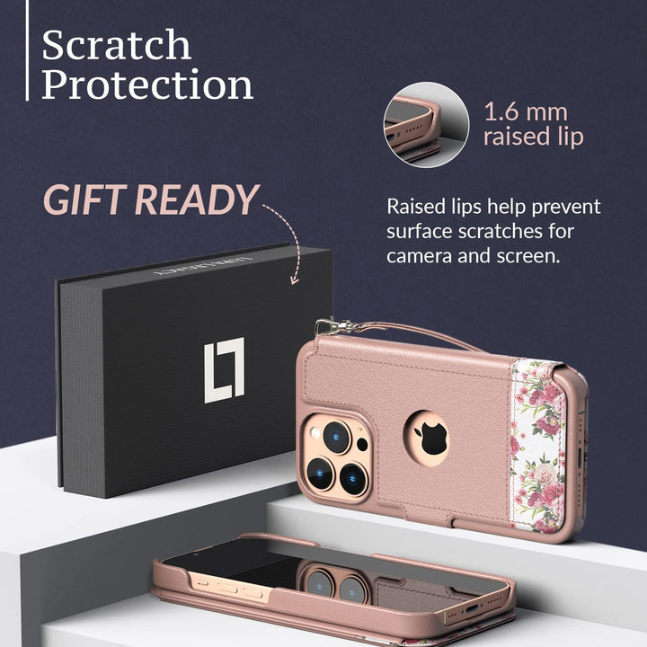 iPhone 13 Pro Max Wallet Case - Slim, Durable Floral Charm Flip Cover with Card Holder &amp; Wristlet