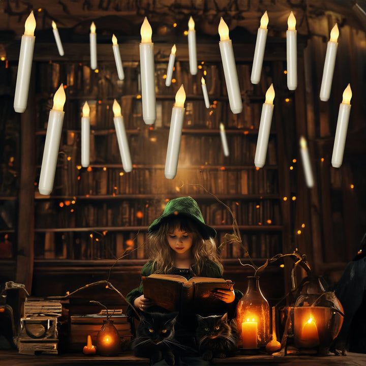 24 Pcs Hanging Floating Candles, NO Remote, Flameless Taper Candles Battery Operated, 6.5 Warm Yellow Flickering Flame Candlesticks, Dripless LED Handheld Candles Lights for Halloween Xmas
