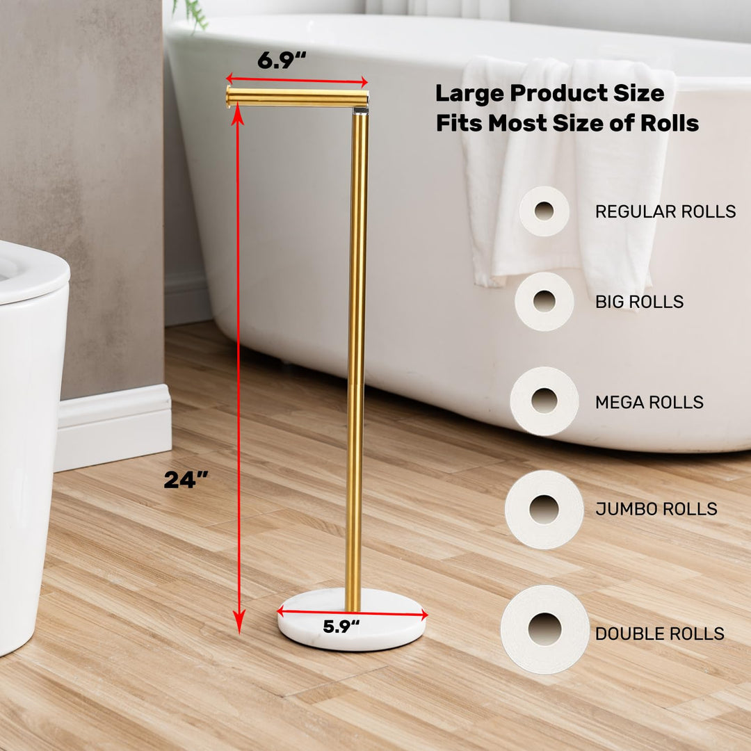 Gold Toilet Paper Holder Stand with Heavy Marble Base, Freestanding Toilet Tissue Roll Holder Gold Brushed, SUS304 Stainless Steel Gold Brushed Finish