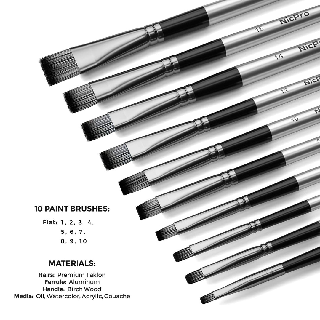 Nicpro 10 PCS Flat Paint Brush Set Art Painting Brushes