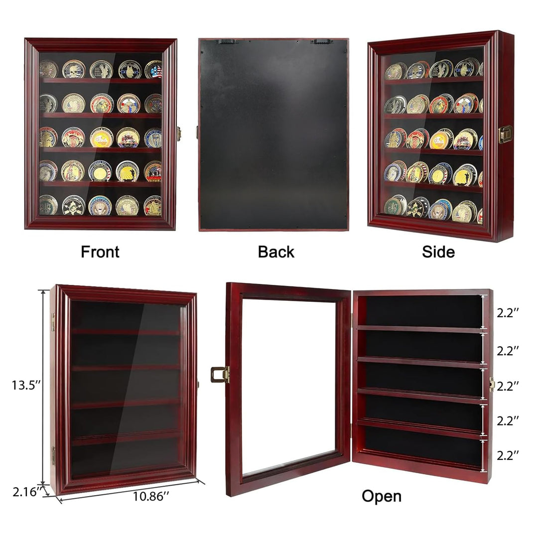 Military Challenge Coin Display Case Holder with HD Toughened Glass and Wall Mount, Wooden Coin Stand Rack with Removable 2 Grooves Shelves, Mahogany Finish…