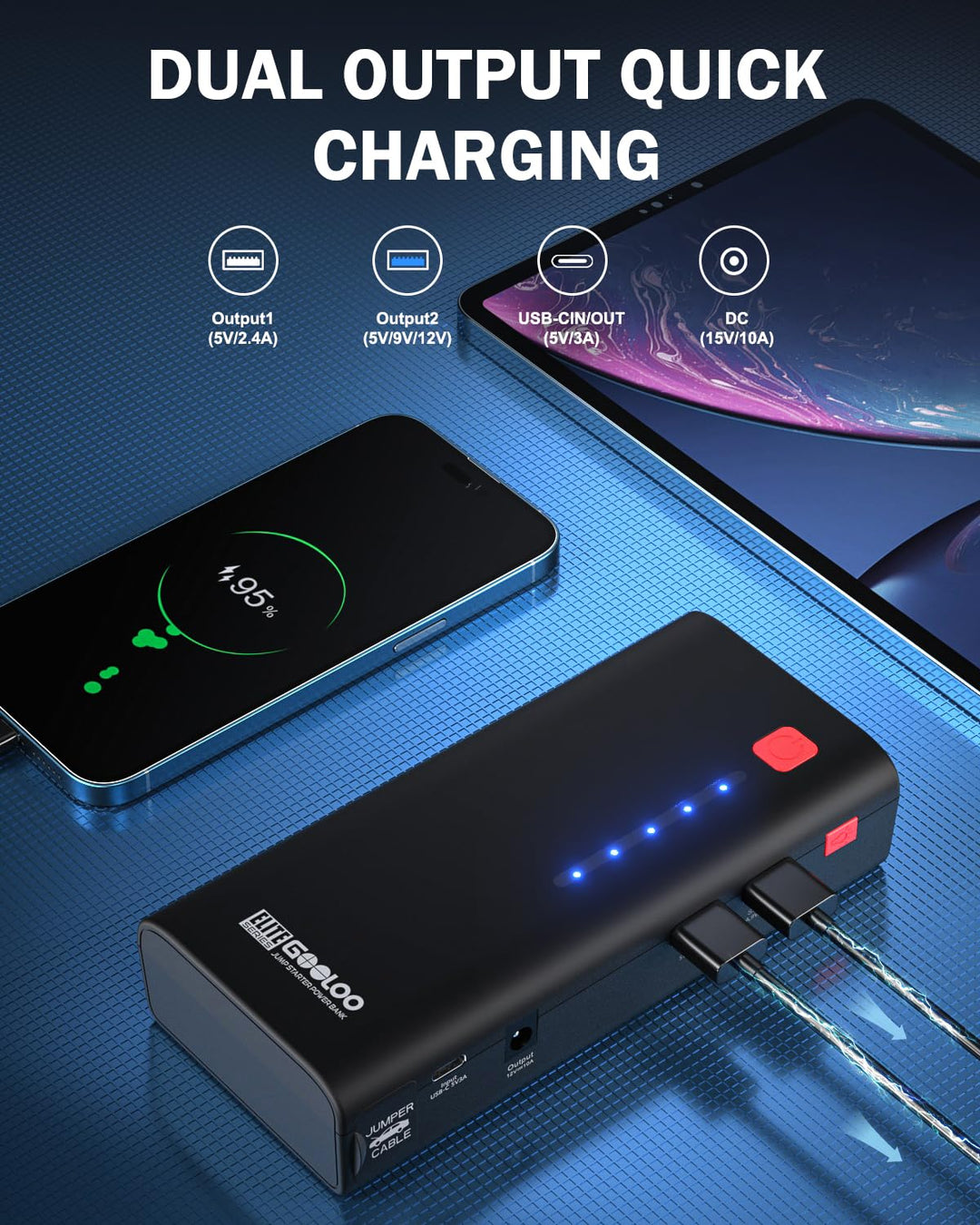 Jump Starter GE1200 2000A Peak Portable Jump Starter Battery Pack for Up to 8.0L Gas or 6.0L Diesel Engine with USB Quick Charge and LED Light, SuperSafe 12V Lithium Car Starter