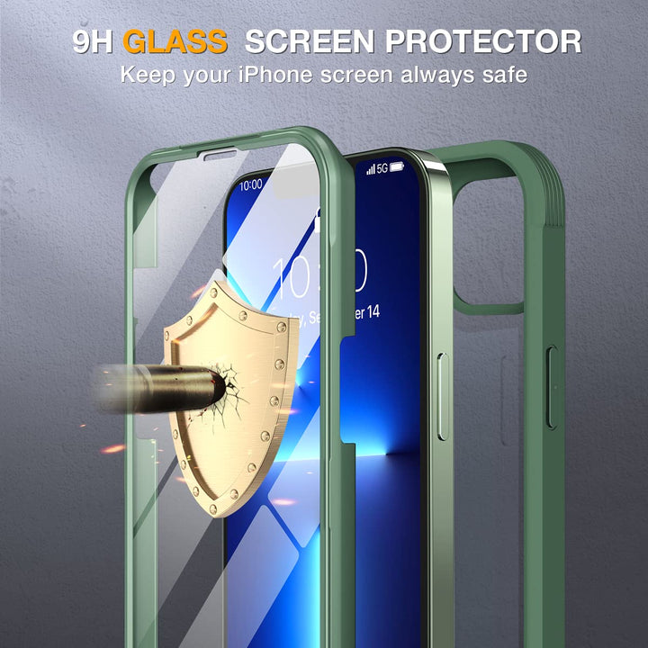 Glass Case Compatible with iPhone 13 Pro Max Case 6.7 inch, [Glass Screen Protector] Full Body Rubber Bumper Case Cover (Alpine Green)