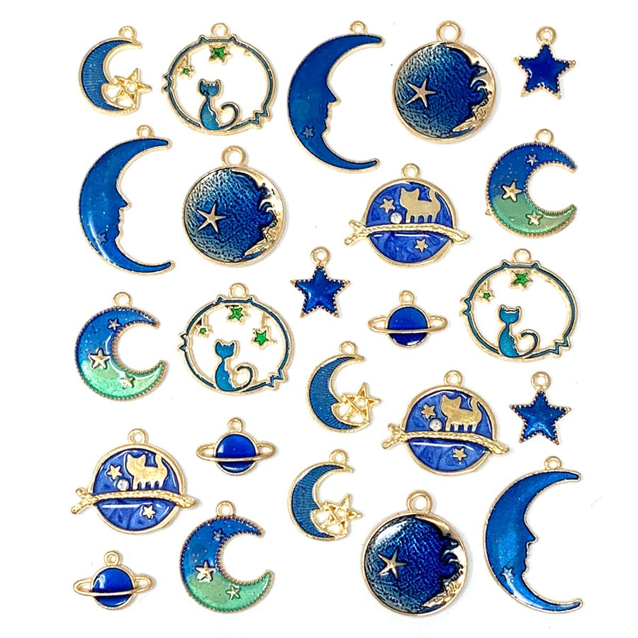 Assorted Gold Plated Enamel Cat Moon Star Celestial Charm Pendant DIY for Earrings Necklace Bracelet Jewelry Making and Crafting