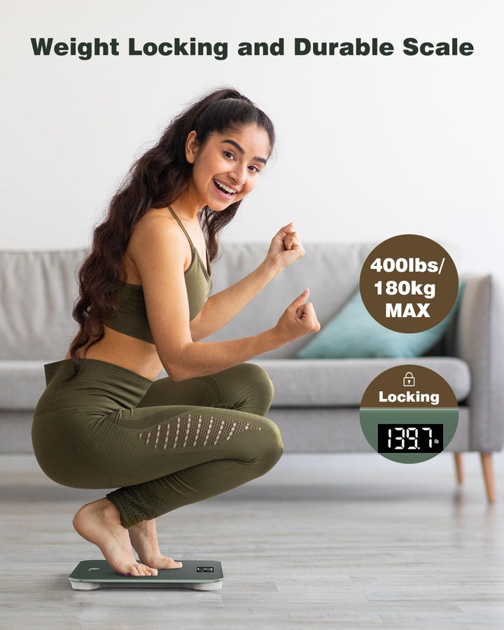 1 by ONE Digital Bathroom Scale for Body Weight, Accurate Green Weighing Machine for People 400 lbs, LED Display, High Precision, 6mm Tempered Glass, Tape Measure and Batteries Included
