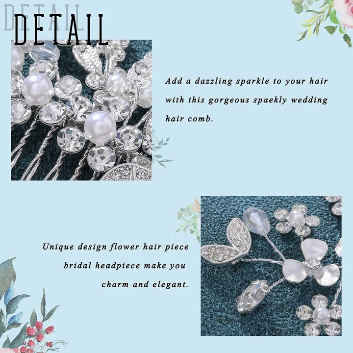 Bride Wedding Leaf Hair Combs Delicate Crystal Bridal Headpieces Flower Hair Accessories for Women and Girls (Silver)