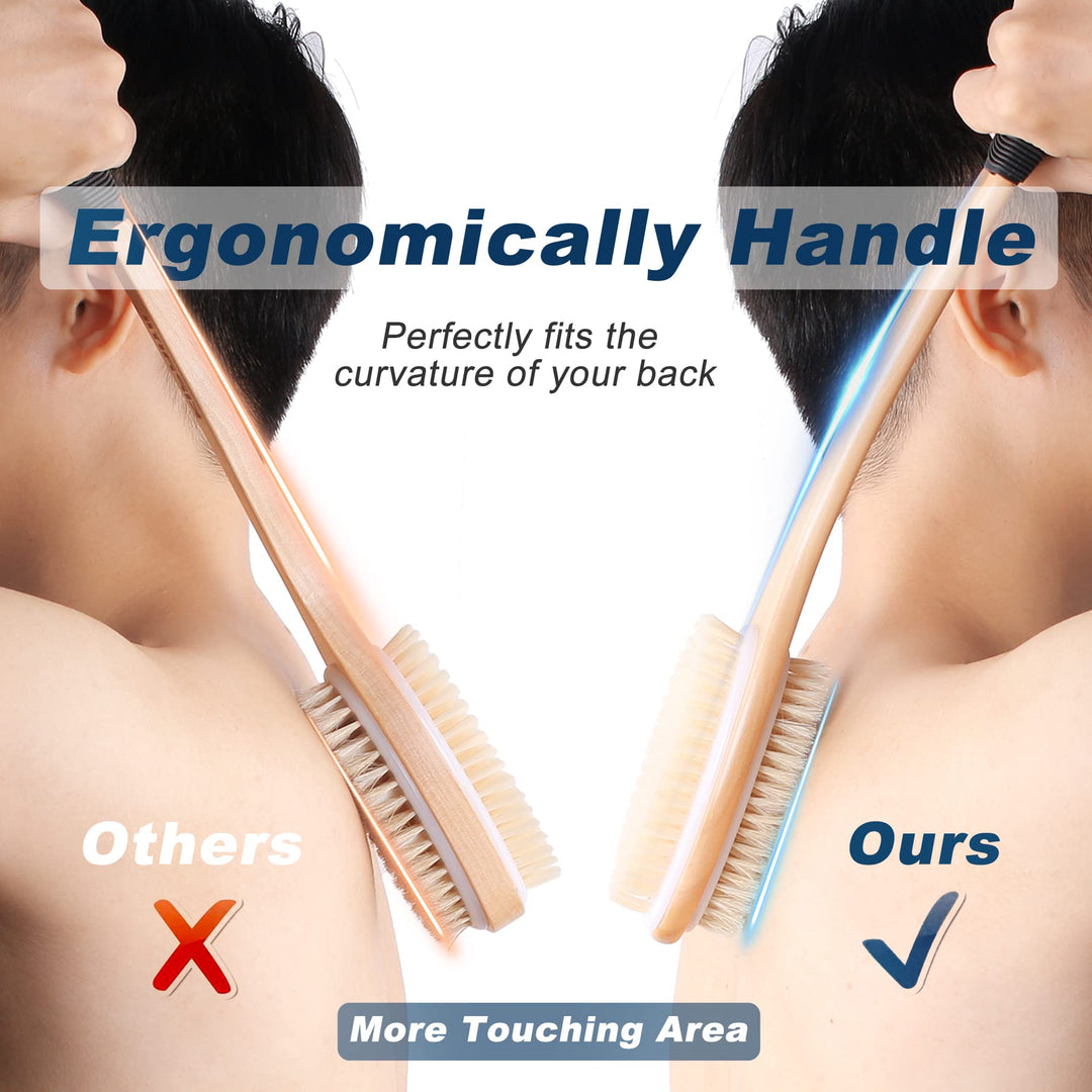 Ergonomically Back Scrubber for Shower - Double-Sided Back Brush Long Handle for Shower, Wet &amp; Dry Brush for Cellulite and Lymphatic