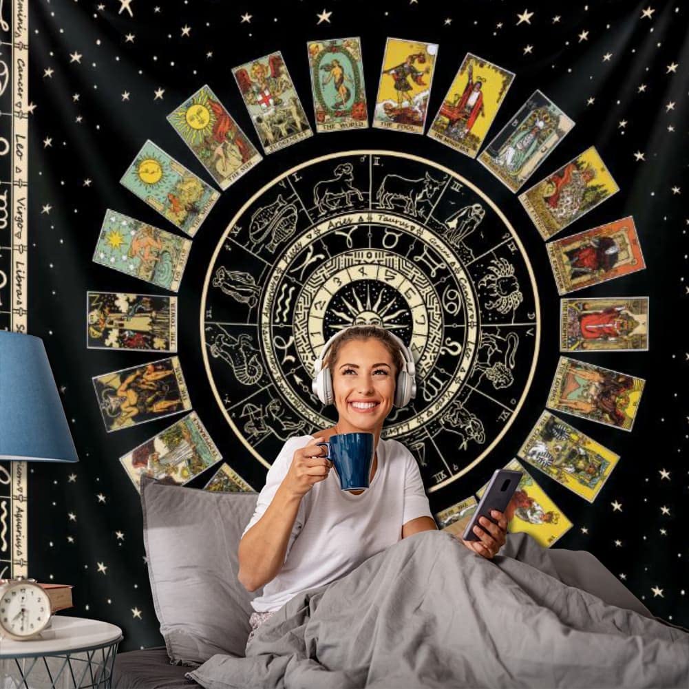 Spiritual Tapestry Star Tarot Card Tapestry Zodiac Astrology Tapestry Witch Constellation Tapestry Aesthetic Tapestry Wall Hanging for Teen Girl&#39;s Bedroom (Black 70x90 inches)