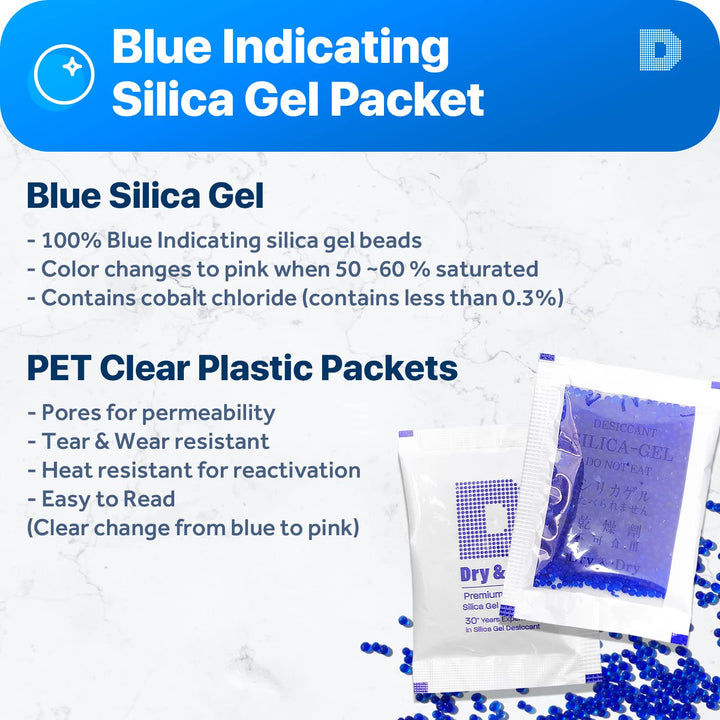 Dry &amp; Dry 5 Gram [50 Packets] Blue Indicating(Blue to Pink) Silica Gel Packets Desiccants Silica Gel Packets - Rechargeable Silica Packets, Silica Gel, Silica Gel Packs