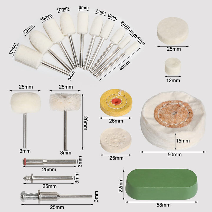 62pc Wool Felt Cotton Abrasive Buffing Wheel Kit,Rotary Tool Accesseries with 3mm Shaft,for Polishing Metal Jewelry Jade