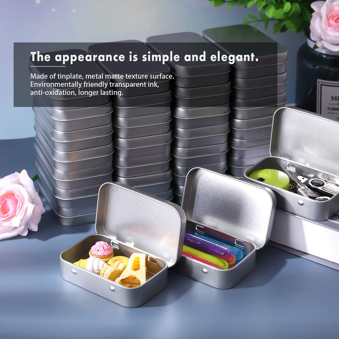 Metal Rectangular Empty Hinged Tins - Pack of 40 Silver Mini Portable Box Small Storage Kit &amp; Home Organizer with lids craft containers 3-1/2&#39;&#39;X2-1/2&#39;&#39;X4/5&#39;&#39;