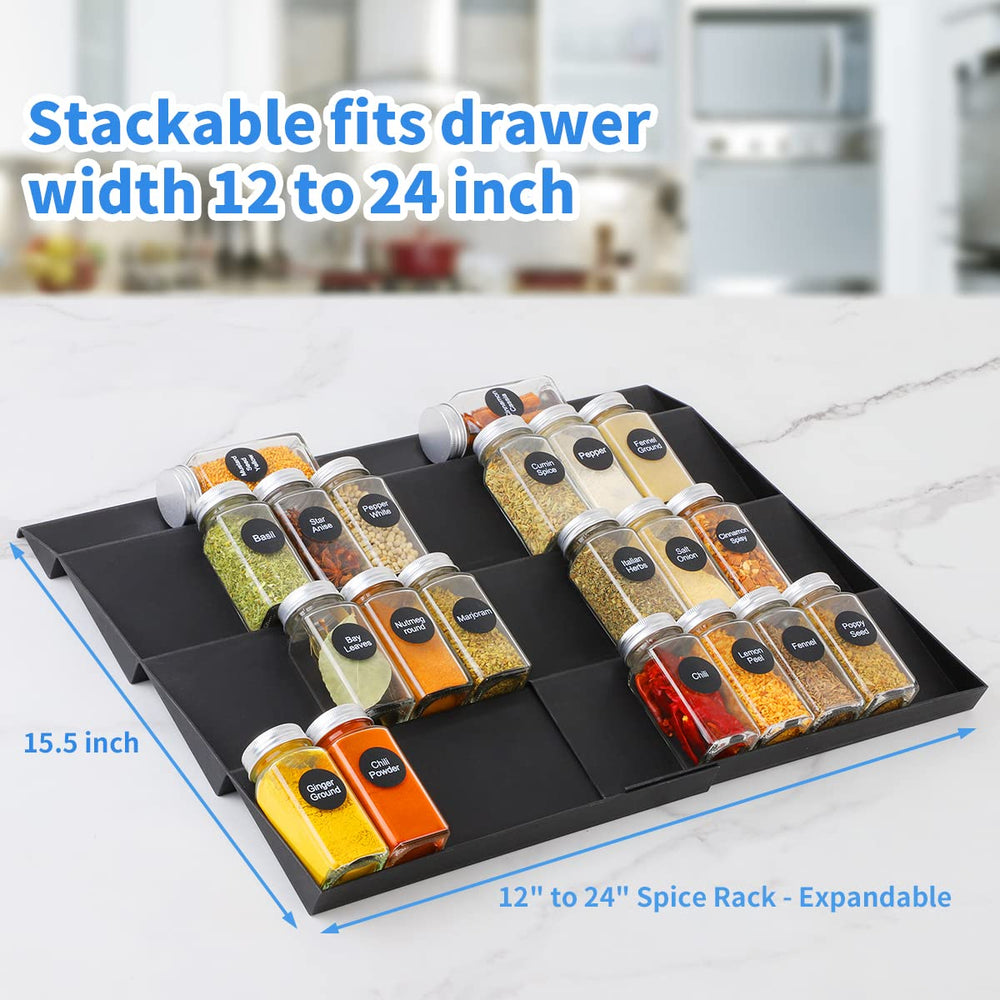 e Drawer Organizer, 4 Tier Spice Rack Organizer for Cabinet Drawer, 2 Pack Expandable Seasoning Organizer Insert from 12 to 24, Drawer Spice Rack Tray for Cabinet/Countertop (Black)