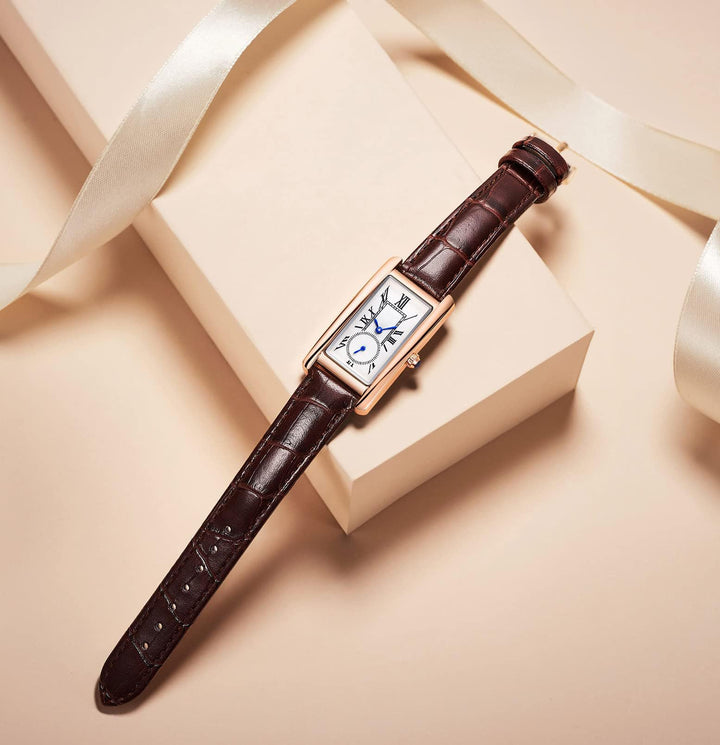 Women Quartz Watch Lady Stylish Rectangle Dress Watch with Leather Strap and Sapphire Crown (Rose Green)