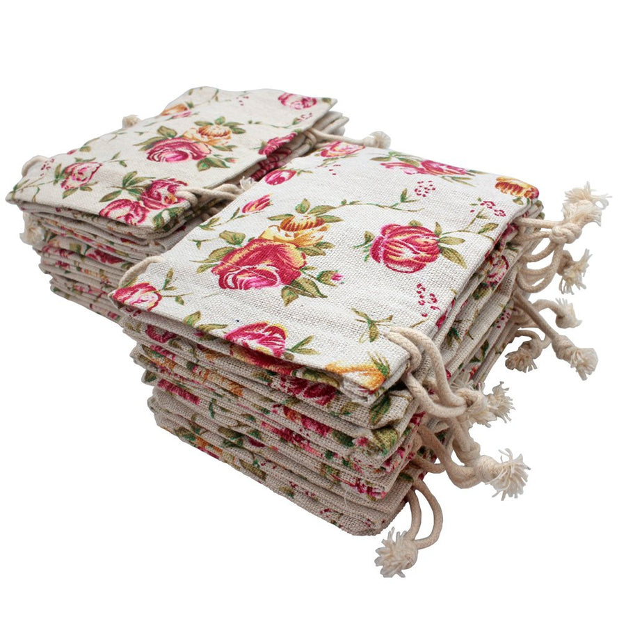 FASOTY Lot of 24 Rose Drawstring Burlap Bags Flower Pou