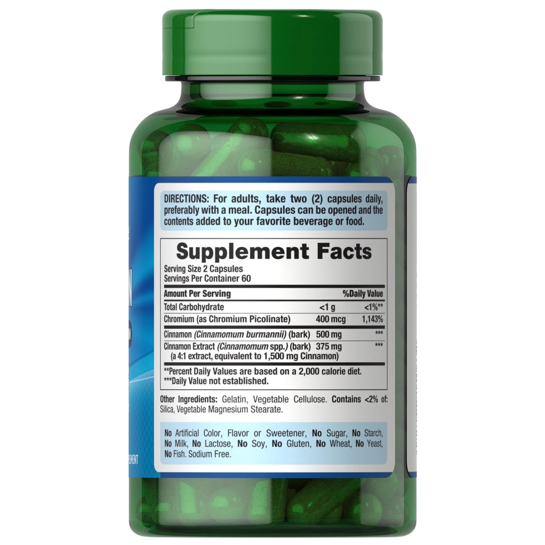 Puritan's Pride Cinnamon 875 mg (2000 mg Equivalent) with High Potency Chromium, Supports Sugar, Fat, & Healthy Nutrient Metabolism, Cellular Energy, Digestive Health, 120 Rapid Release Capsules