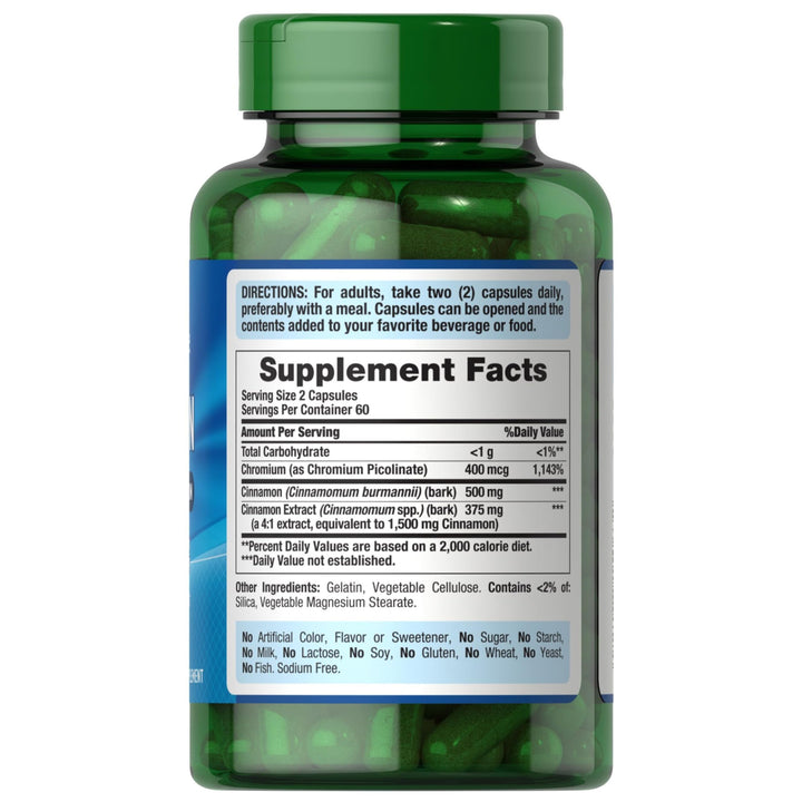 Puritan's Pride Cinnamon 875 mg (2000 mg Equivalent) with High Potency Chromium, Supports Sugar, Fat, & Healthy Nutrient Metabolism, Cellular Energy, Digestive Health, 120 Rapid Release Capsules
