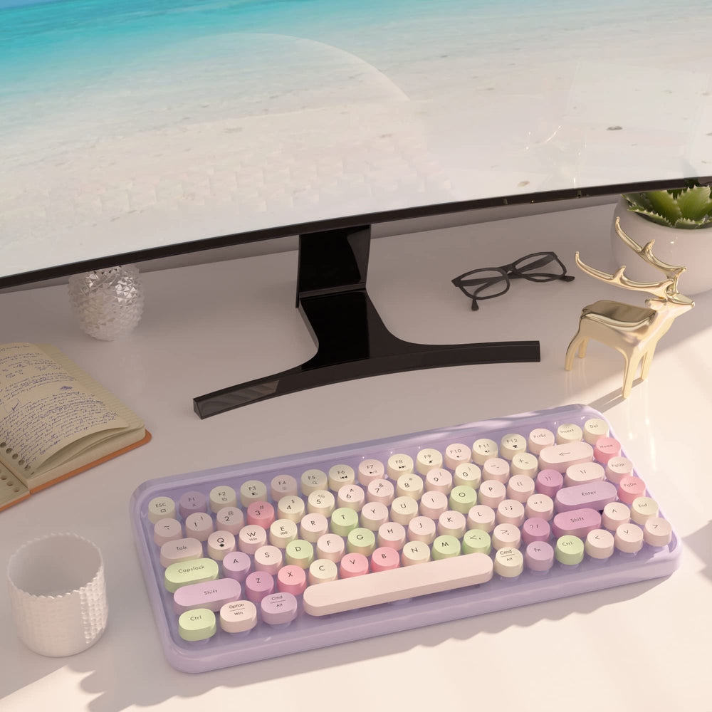 Portable Bluetooth Colorful Computer Keyboards, Wireless Mini Compact Retro Typewriter Flexible 84Keys Design Keyboard for Tablet Computer, PC(Purple-Colorful)