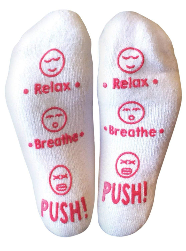 Labor and Delivery Socks - Funny Push Gift for New Mom to Be (Relax, Breathe, Push)