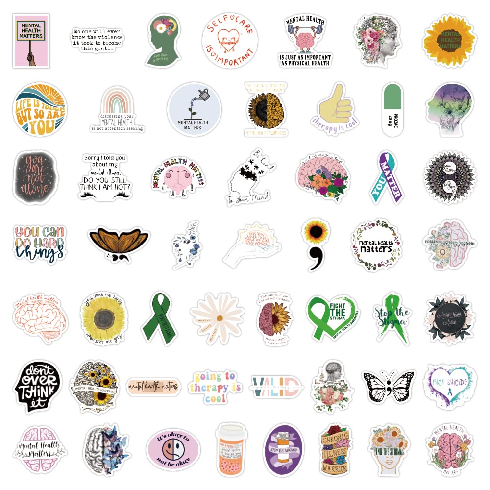 Mental Health Awareness Stickers, 52Pcs Vinyl Waterproof Mental Health Decals for Hydro Flask, Water Bottle, Laptop,Skateboard, Computer,Phone