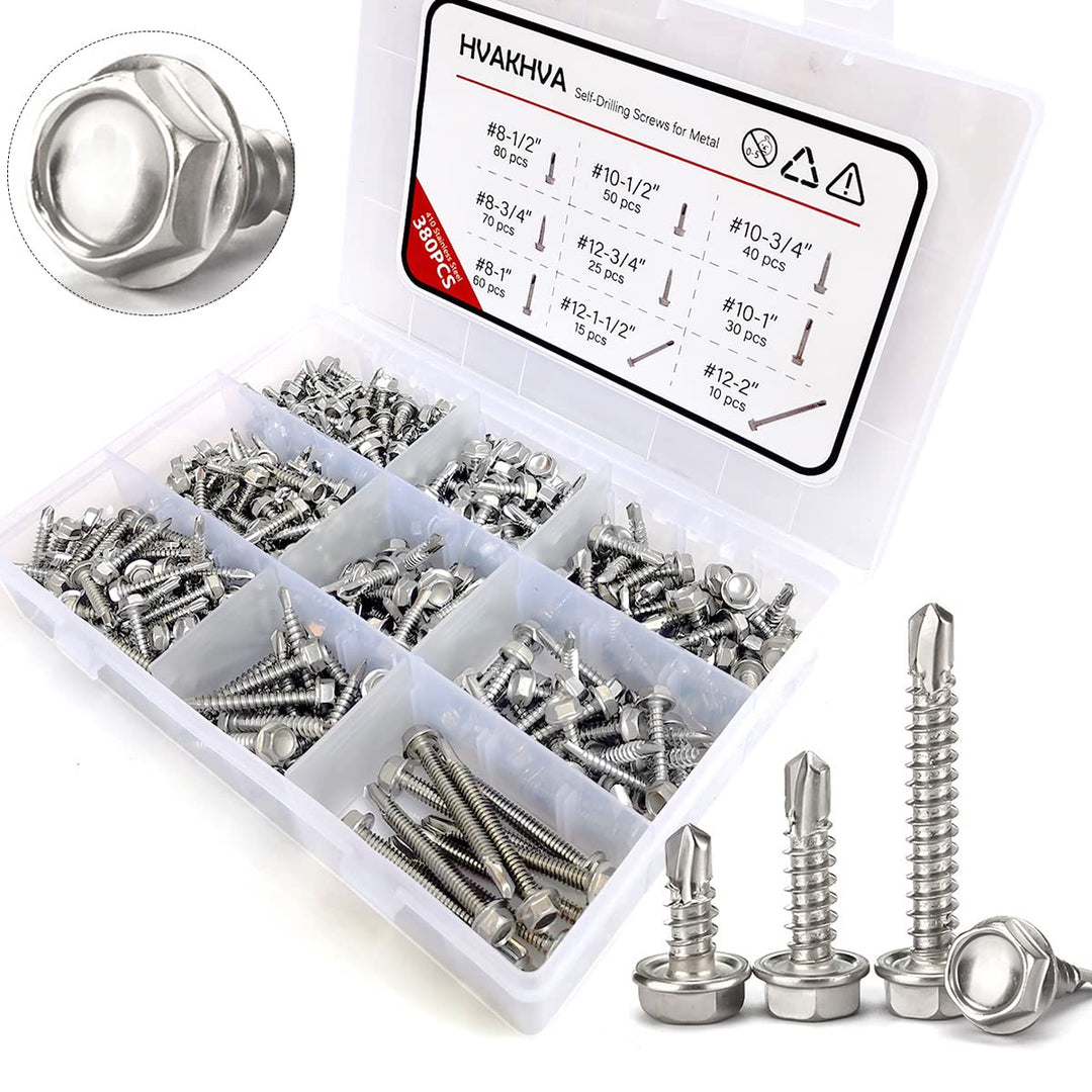 410 Stainless Steel Self Tapping TEK Screws Assortment,380 pcs #8#10#12 Hex Head Self Drilling Screws for Metal,Length 1/2 to 2