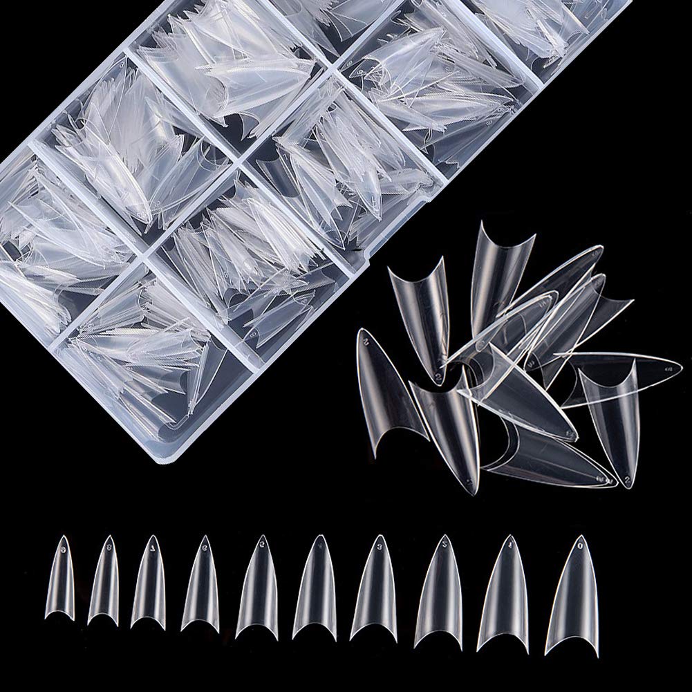 Stiletto Nail Tips 500Pcs Short Sharp Ending False Acrylic Nails Tip Half Cover 10 Sizes with Box for Nail Salons Home DIY (Clear)
