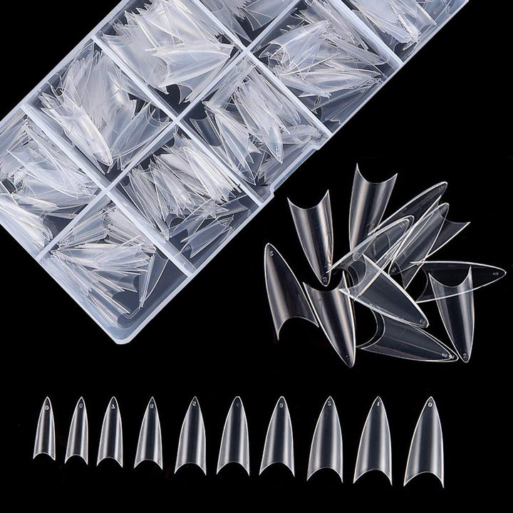 Stiletto Nail Tips 500Pcs Short Sharp Ending False Acrylic Nails Tip Half Cover 10 Sizes with Box for Nail Salons Home DIY (Clear)