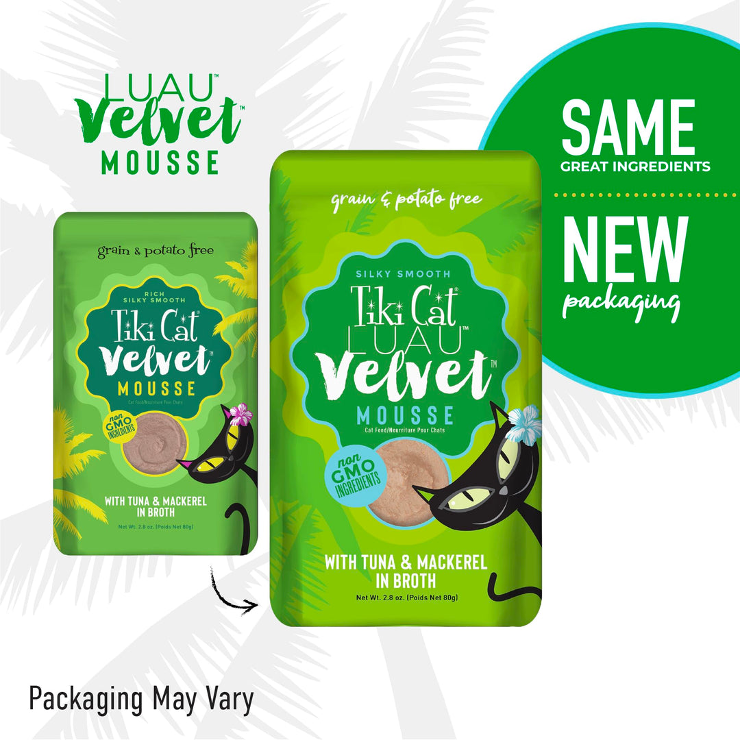 Tiki Cat Luau Velvet Mousse, Tuna &amp; Mackerel in Broth, Complete Nutrition for Balanced Diet, Wet Cat Food For All Life Stages, 2.8 oz. Pouch (12 Count)