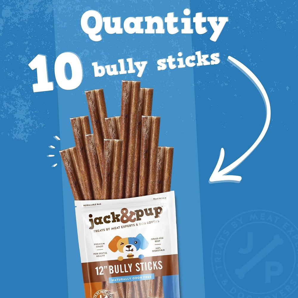 Jack&Pup Thick Bully Sticks | 12 Inch Bully Sticks for Large Dogs Aggressive Chewers | Single Ingredient, Odor Free, Long Lasting Dog Chews (10 Pack)