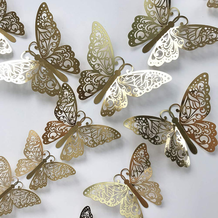 24Pcs Gold Silver Butterfly Wall Sticker Decal 3D Metallic Art Butterfly Mural Decoration DIY Flying Stickers for Kids Bedroom Home Party Nursery Classroom Offices Décor (Branches Gold 5)
