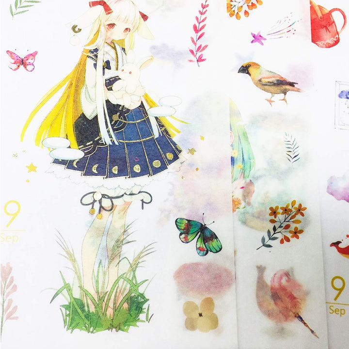 Washi Japanese Stickers -12 Monthly Cute Girl Scrapbook Stickers for Diary Book DIY Craft Arts Scrapbooking Travel Journal Planner Decorative Label Office Supplies (12 Sheets September)