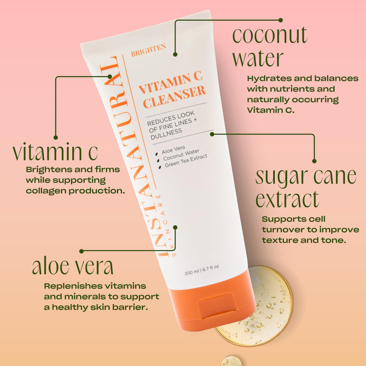 Vitamin C Cleanser Face Wash, Brightens and Reduces Signs of Aging, Fine Lines and Uneven Texture, with Coconut Water and Aloe Vera, 6.7 FL Oz