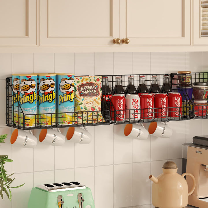 3 Tier Stackable Tea Bag Organizer Large Size with 5 Hooks Metal Wire Basket Coffee Snack Rack Holder Countertop Caddy Bin Wall Mount Shelf for Office Kitchen Cabinet Pantry - White Patent Desgin