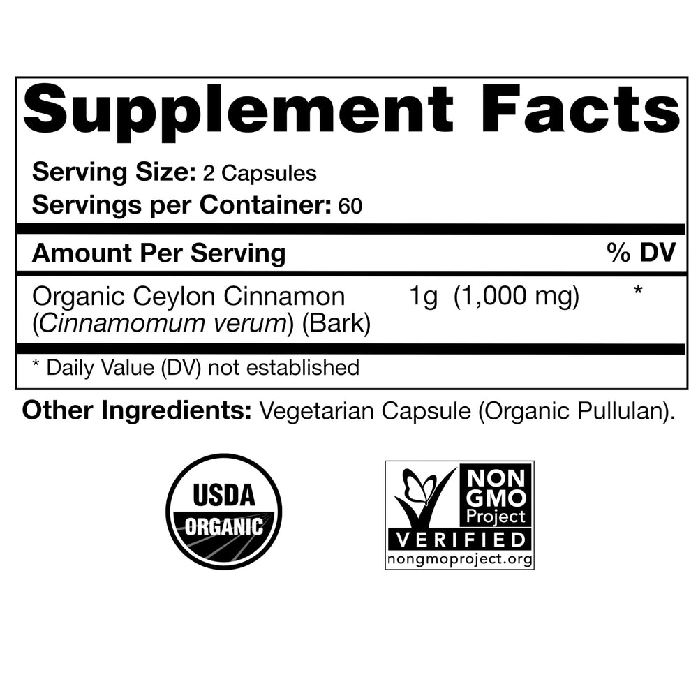USDA Certified Organic Ceylon Cinnamon Capsules, Non-GMO Verified Supplement - 120 Capsules, 2 Month Supply