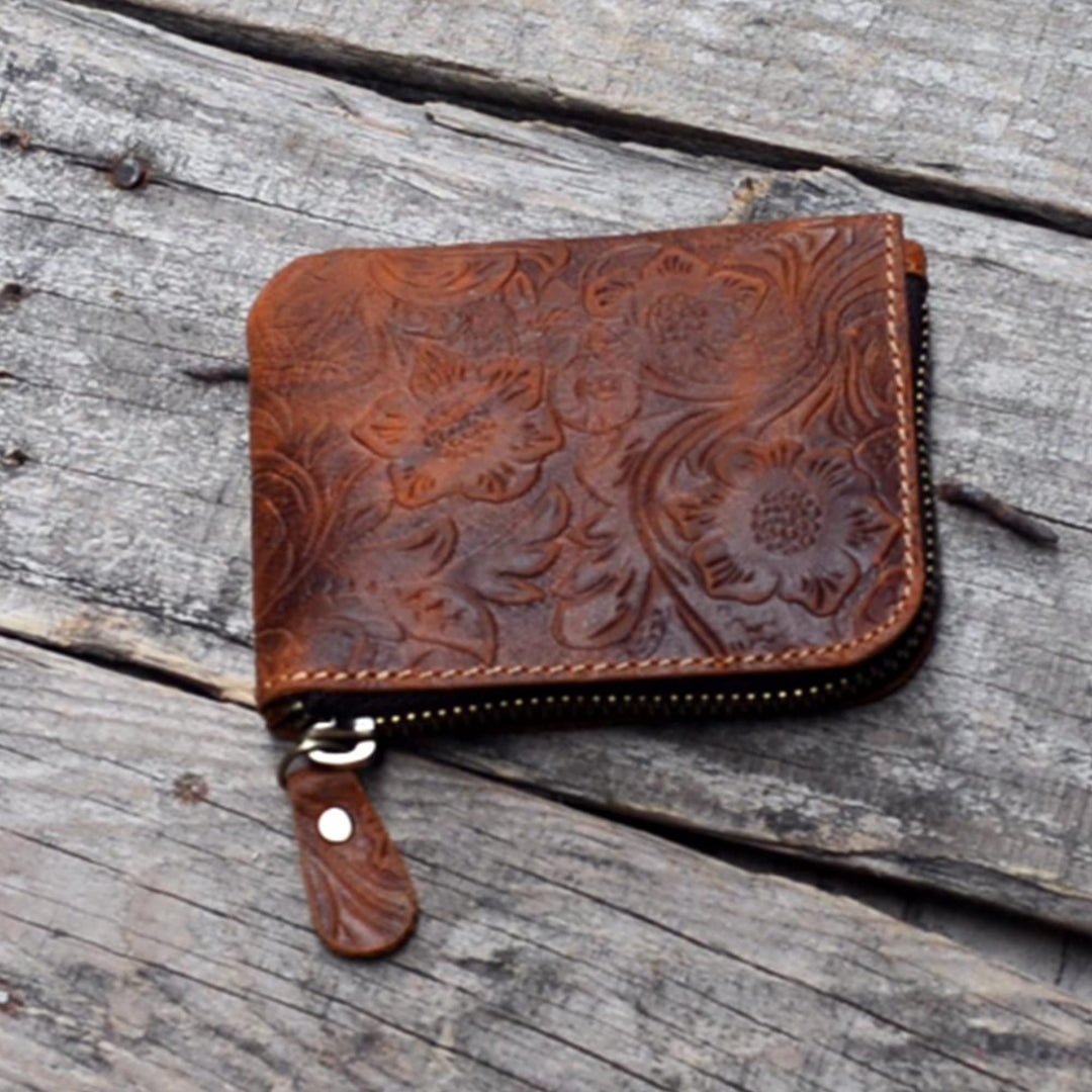 Genuine Leather Zipper Coin Purse Wallet With Key Car Smart Holder, Change Purse, Coin Pouch Holder For Men (Flower brown)