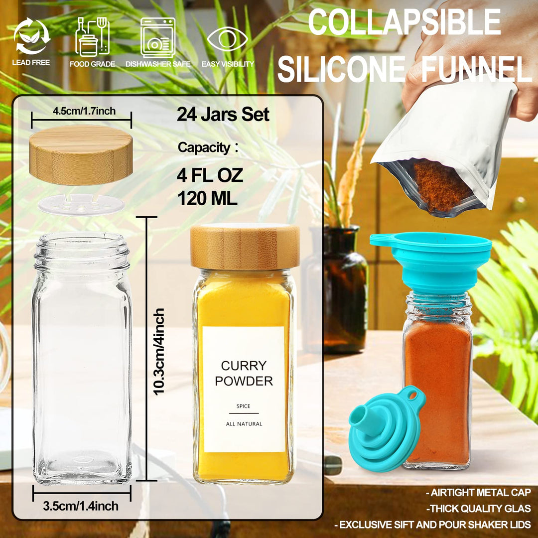 Glass Spice Jars with Bamboo Lids | Square Spice Jar with Labels | Spice Bottles With Shaker Lids | Spice Containers | for Cabinet,Drawer,Spice Rack | Seasoning Organizer (Pack of 24)