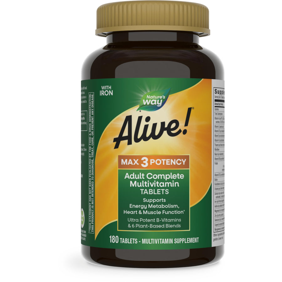 Alive! Max3 Potency Adult Complete Multivitamin, Ultra Potency B-vitamins to Support Energy Metabolism*, with Methylated B12 and Folate, 180 Tablets (Packaging May Vary)