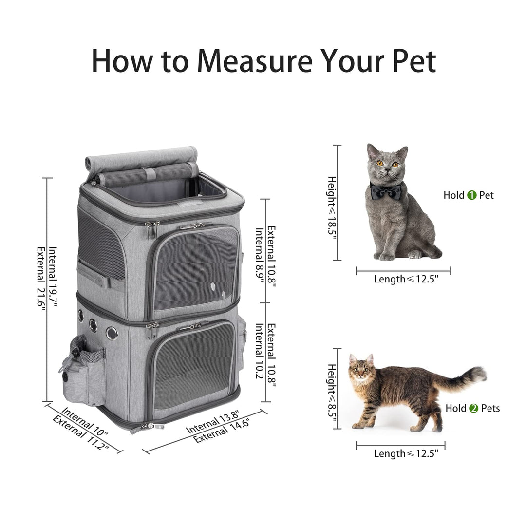 Double-Compartment Pet Carrier Backpack for Small Cats and Dogs, Cat Travel Carrier for 2 Cats, Perfect for Traveling/Hiking/Camping, Grey
