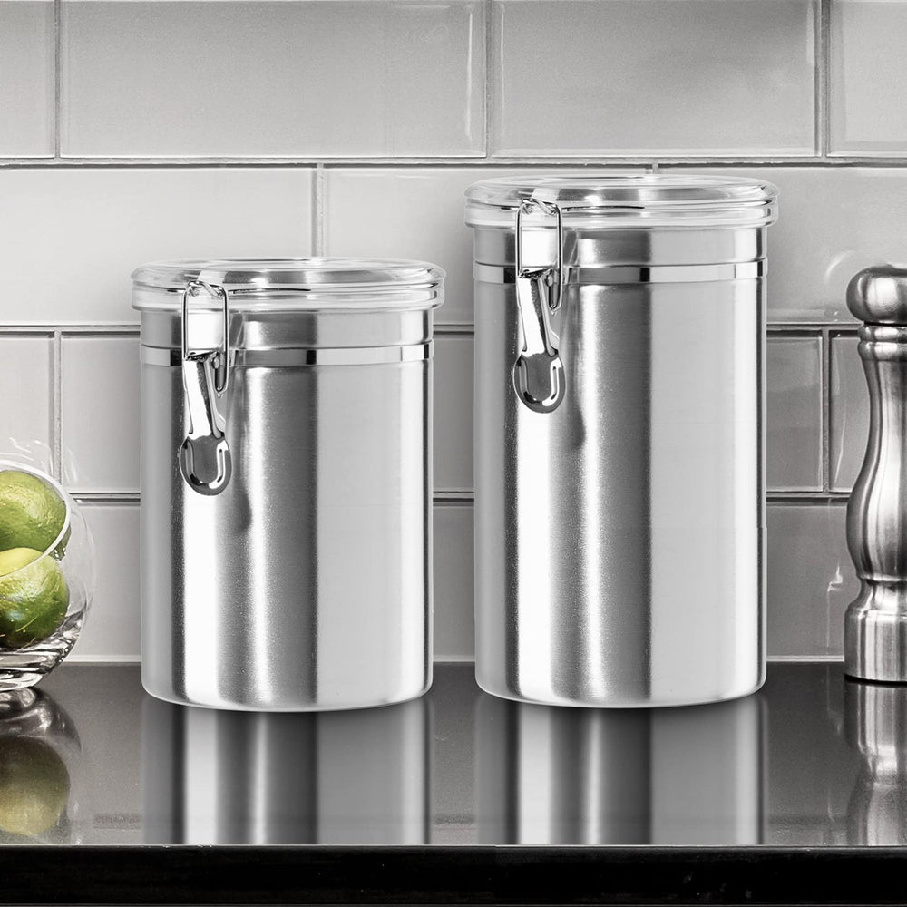 Stainless Steel Kitchen Canister 62 fl oz - Airtight Clamp Lid, Clear See-Thru Top - Ideal for Kitchen Storage, Food Storage, Pantry Storage. Large Size 5 x 7.5.