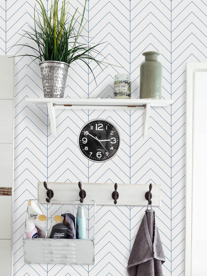Peel and Stick Wallpaper Boho Wallpaper Modern Stripes Wallpaper for Bedroom Herringbone Wallpaper Blue and White Wallpaper Geometric Wallpaper Self-Adhesive Wallpaper Waterproof Wallpaper 17.7”×118 “