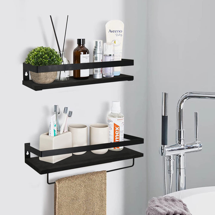 Y&amp;ME YM Bathroom Storage Shelf Wall Mounted Set of 2, Bathroom Towel Rack Set of 2, Rustic Wood Floating Shelves with Removable Towel Bar,Perfect for Kitchen, Bathroom (Brown)