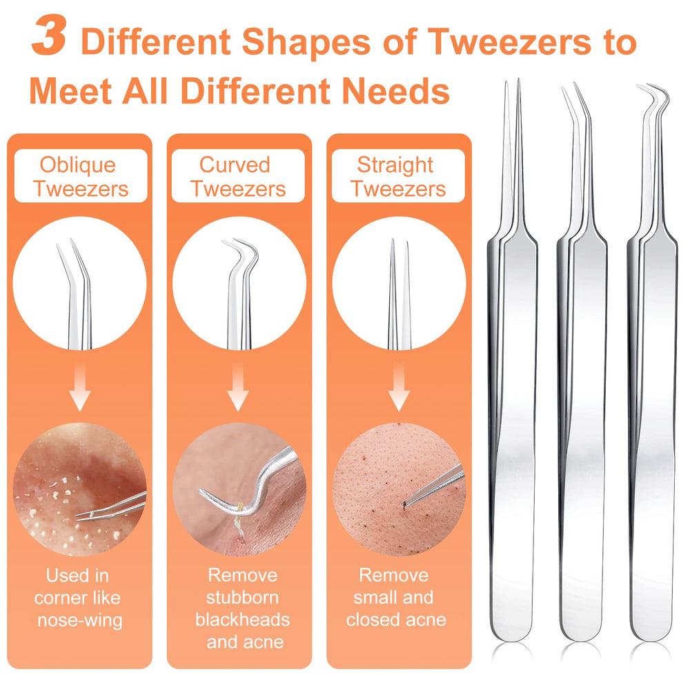 Pimple Popper Tool Kit, 15 PCS Professional Stainless Steel Blackhead Remover Comedone Extractor Tools for Removing Zit on Face - Acne Removal Kit with Metal Case (Silver)