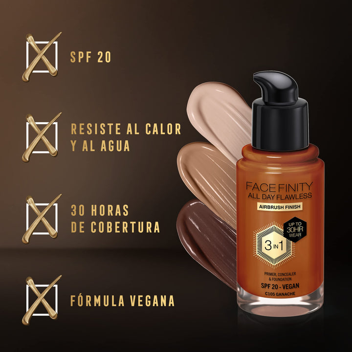Max Factor Facefinity 3-in-1 All Day Flawless Foundation, SPF 20, Ganache, 30ml