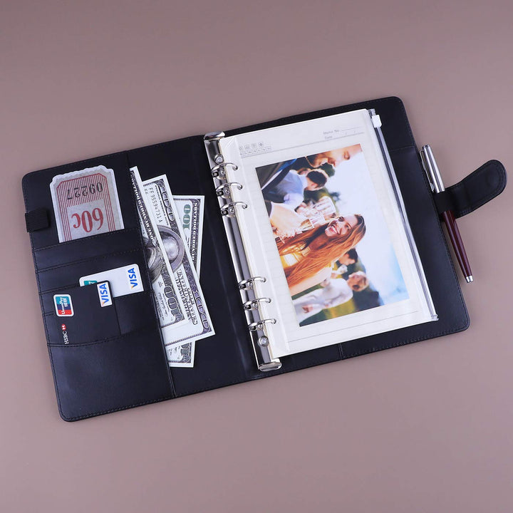 A5 PU Leather Binder 6 Ring Notebook Photocard Budget Binder Cover for A5 Refill Paper, Refillable Loose Leaf Personal Planner Organizer Binder with Magnetic Buckle, Black