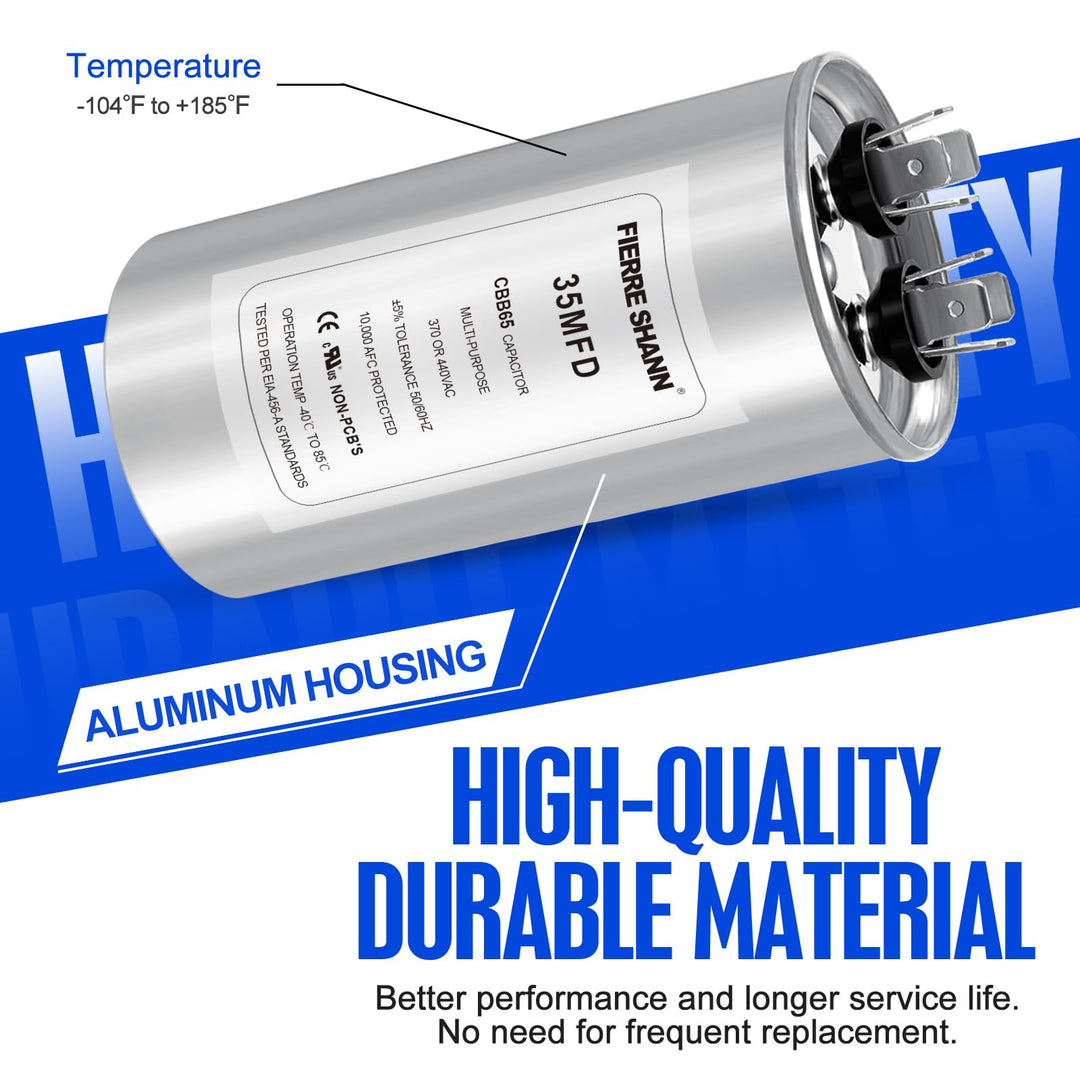 35 uF/MFD Capacitor for AC, 370 or 440 VAC CBB65 Dual Run Round Capacitors for AC Motor Run, Fan Start, Condenser Straight Cool, Heat Pump, Air Conditioner, and Pool Pump