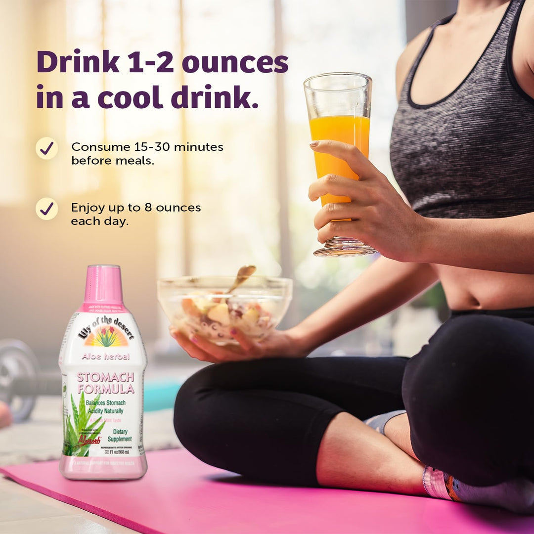 Stomach Formula, Organic Aloe Vera Juice with Slippery Elm, Chamomile, Peppermint, and Ginger for Gut Health, Acid Reflux, Heartburn Relief, 32 Oz