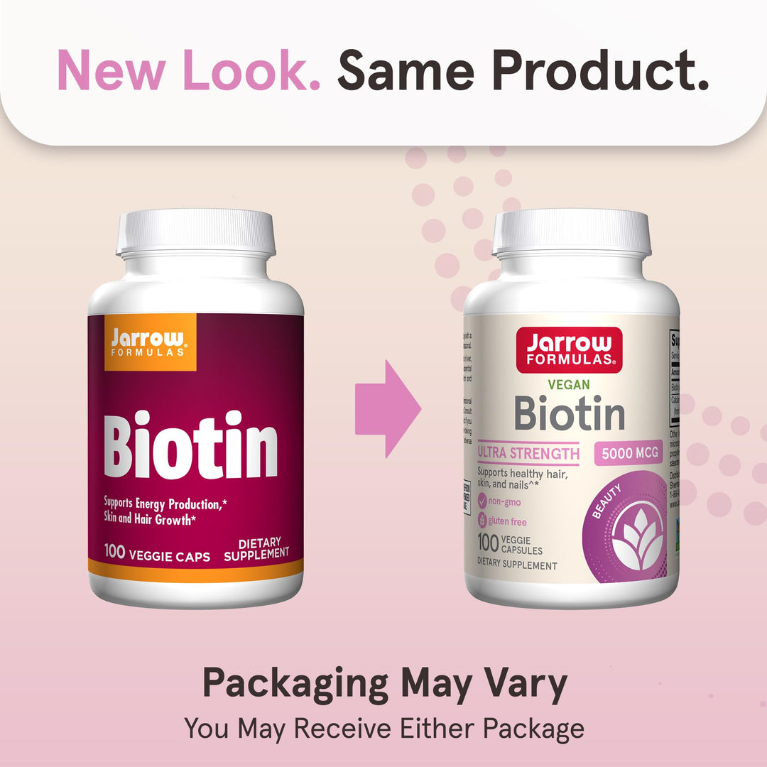Jarrow Formulas Biotin Ultra Strength 5000 mcg, Dietary Supplement, Hair, Skin, and Nails Support, 100 Veggie Capsules, Up to 100 Day Supply