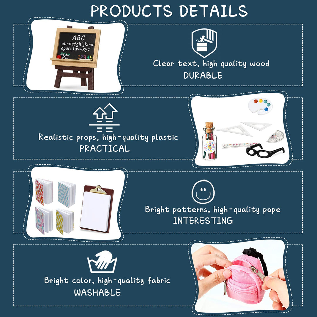 14 Pcs Mini Doll School Supplies Christmas Miniature Dollhouse Stuff Accessories for 11.5 Inch Doll DIY Toy Set Include Miniature Book Backpack Glasses Blackboard Pencil Ruler(Chic Style)