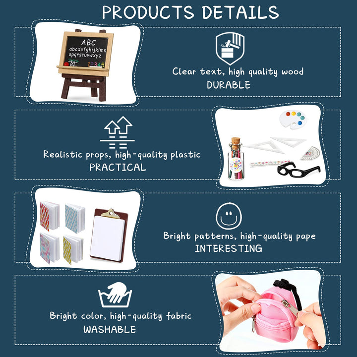 14 Pcs Mini Doll School Supplies Christmas Miniature Dollhouse Stuff Accessories for 11.5 Inch Doll DIY Toy Set Include Miniature Book Backpack Glasses Blackboard Pencil Ruler(Chic Style)